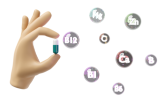 3d hand holding capsule pill with multivitamins, protect your health, The vitamins your body needs isolated. 3d render illustration png