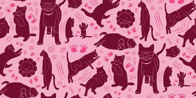 Cat Pattern seamless pattern, hand drawn Magenta Pink Half Drop Brick method Light vector