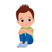 unhappy boy sitting with hands on knees vector