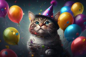 Illustration of a cute cat's birthday. With hat and balloon, photo