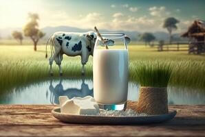 Glasses and fresh milk on a wooden table with cows on a meadow. photo