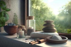 Composition with stones and spa accessories beside window with nature view. photo