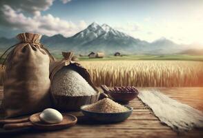 White rice or uncooked white rice in wooden bowl and sack with rice field background. photo