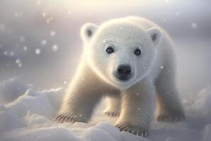 linda bebé polar oso en nieve invierno. generativo ai foto
