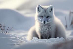 Arctic fox pup or Vulpes Lagopus in snow habitat, photo