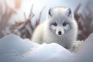 Arctic fox pup or Vulpes Lagopus in snow habitat, photo