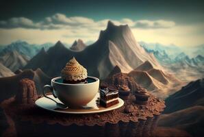 Cup of tea with dessert on beautiful landscape background. photo