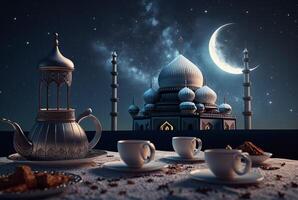 Festive ramadan kareem photo background with cup of tea and dates for iftar menu. illustration