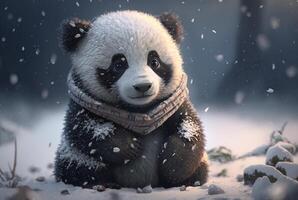 Cute Panda baby playing in snow winter, photo