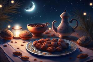 Festive ramadan kareem photo background with cup of tea and dates for iftar menu. illustration