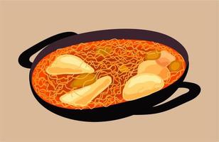 Vector isolated illustration of frying pan with noodles, chicken pieces and spices. Korean cuisine.