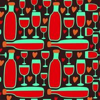 Vector seamless pattern with wine bottles and wineglasses with red wine.