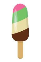 Four-layer ice cream on a stick, vanilla, chocolate, strawberry and mint. vector