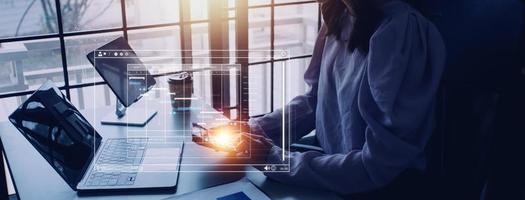 Project manager working with Gantt chart schedule to plan tasks and deliverables. Scheduling activities with a planning software, Corporate strategy for finance, operations, sales, marketing. photo