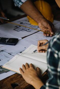 Construction and structure concept of engineer working drawing on blueprint meeting for project working with partner on model building and engineering tools in working site, construction concept photo