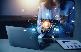 Digital transformation technology strategy, IoT, internet of things. transformation of ideas and the adoption of technology in business in the digital age, enhancing global business capabilities. Ai photo