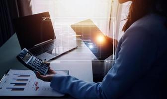 Project manager working with Gantt chart schedule to plan tasks and deliverables. Scheduling activities with a planning software, Corporate strategy for finance, operations, sales, marketing. photo