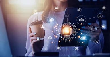Digital transformation technology strategy, IoT, internet of things. transformation of ideas and the adoption of technology in business in the digital age, enhancing global business capabilities. Ai photo