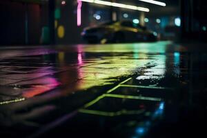 neon reflection on wet asphalt floor, photo