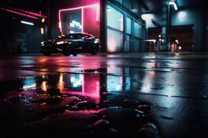 a wet asphalt night view, with neon reflections, photo