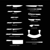 Full knife set for chef silhouette flat vector. Knife set icon for web on black background. Black and white kitchen tools. Kitchen concept. vector