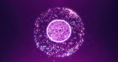 Abstract purple round sphere energy molecule from futuristic high-tech glowing particles photo