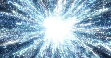 Abstract glowing energy explosion whirlwind firework from blue lines and magic particles abstract background photo