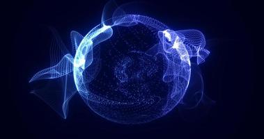 Abstract round blue sphere light bright glowing from rays of energy and magic waves from particles and dots, abstract background photo