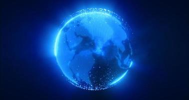 Abstract blue planet earth spinning with futuristic high-tech particles bright glowing magical energy, abstract background photo