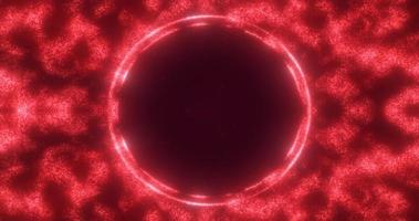 Abstract red background from an energy blue magic ring of a round frame of glowing particles and waves of energy photo
