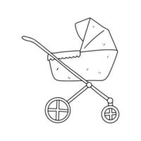 Baby stroller in hand drawn doodle style. Vector illustration isolated on white background.