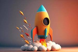 Cartoon yelllow rocket spaceship shuttle launch creating flame and cloud isolated on color background. photo