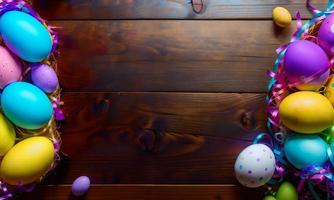 Vibrant Easter Eggs with Ribbon and Hay on Wooden Floor photo