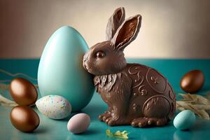 Delicate chocolate bunny surrounded by painted Easter eggs. photo