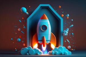Cartoon rocket launching from arch door in front view. Concept of startup business taking off. . photo