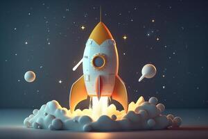 Cartoon rocket launching into outer space. Concept of startup business taking off or explore the infinite world. . photo