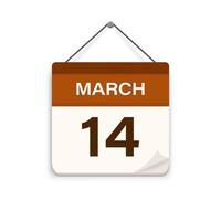 March 14, Calendar icon with shadow. Day, month. Meeting appointment time. Event schedule date. Flat vector illustration.