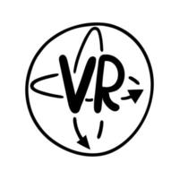 VR vector icon. 360 degree rotation, virtual reality sign. Symbol of gaming gadget, smart glasses. Hand drawn doodle isolated on white. Simple sketch, line art. Clipart for logo, apps, web