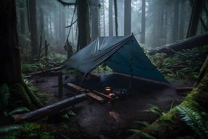 Wilderness Survival. Bushcraft Tent Under the Tarp in Heavy Rain, Embracing the Chill of Dawn. A Scene of Endurance and Resilience photo