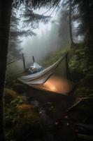 Wilderness Survival. Bushcraft Tent Under the Tarp in Heavy Rain, Embracing the Chill of Dawn. A Scene of Endurance and Resilience photo