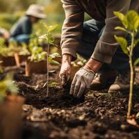 plantando arboles para un sostenible futuro. comunidad jardín y ambiental conservación - promoviendo habitat restauracion y comunidad compromiso en tierra día foto