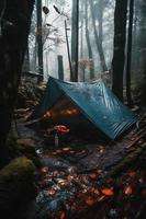 Wilderness Survival. Bushcraft Tent Under the Tarp in Heavy Rain, Embracing the Chill of Dawn. A Scene of Endurance and Resilience photo