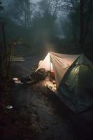 Wilderness Survival. Bushcraft Tent Under the Tarp in Heavy Rain, Embracing the Chill of Dawn. A Scene of Endurance and Resilience photo