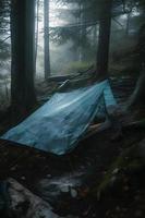 Wilderness Survival. Bushcraft Tent Under the Tarp in Heavy Rain, Embracing the Chill of Dawn. A Scene of Endurance and Resilience photo