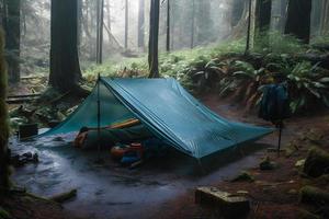 Wilderness Survival. Bushcraft Tent Under the Tarp in Heavy Rain, Embracing the Chill of Dawn. A Scene of Endurance and Resilience photo