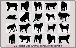 Black dog silhouette. Running and jumping central asian shepherd dog puppy. Alabai or aziat,Walking central asian shepherd dog puppy,Group of dogs various breed. Black dog silhouette. Running, vector