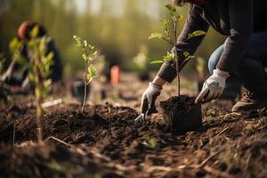 plantando arboles para un sostenible futuro. comunidad jardín y ambiental conservación - promoviendo habitat restauracion y comunidad compromiso en tierra día foto