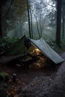 Wilderness Survival. Bushcraft Tent Under the Tarp in Heavy Rain, Embracing the Chill of Dawn. A Scene of Endurance and Resilience photo