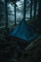 Wilderness Survival. Bushcraft Tent Under the Tarp in Heavy Rain, Embracing the Chill of Dawn. A Scene of Endurance and Resilience photo