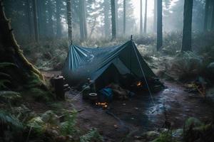 Wilderness Survival. Bushcraft Tent Under the Tarp in Heavy Rain, Embracing the Chill of Dawn. A Scene of Endurance and Resilience photo